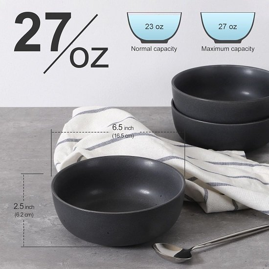 Ceramic Salad Soup Pasta Cereal Bowls 6.5 Inch Stoneware, 27oz Large Bowls Set of 4 for Kitchen, Fruits, Noodle, Salad, Dinner, Oven Microwave Dishwasher Safe Black Gray