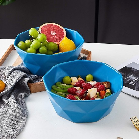 Geometric Ceramic Soup Bowl Set of 2, 60 Ounce Large Blue Ceramic French Onion Soup Crocks For Kitchen  Dinner Table Decoration