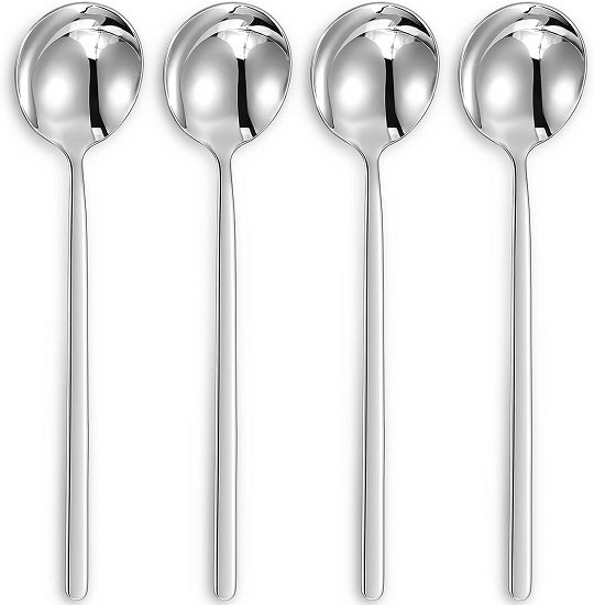 Premium Soup Spoons with Long Handles, Set of 4, 18/10 Stainless Steel, Dishwasher Safe