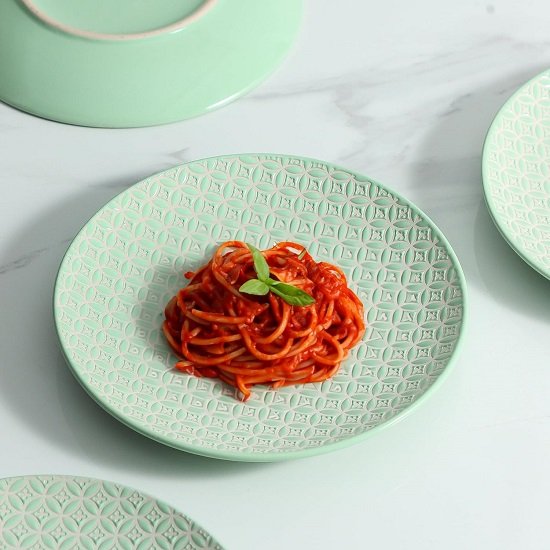 8in Ceramic Dessert Plates, Set of 4 - Salad Plates for Serving Dessert, Snacks, Pizza, Pasta, and Appetizers, Embossed Design, Solid Color - Green