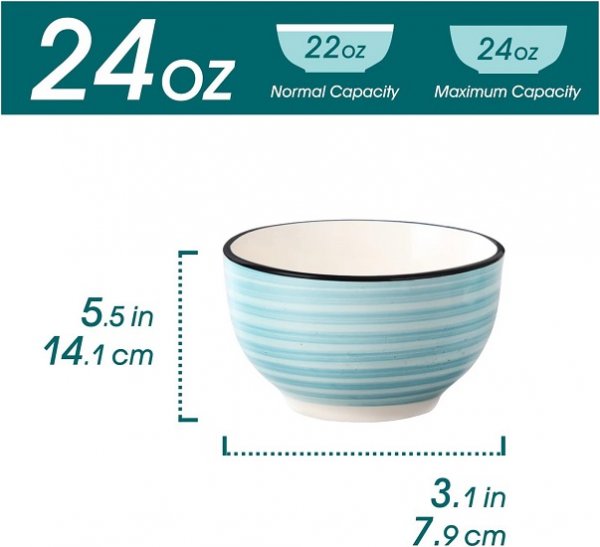 24oz Stoneware Cereal Bowls 5.5 Inch Microwave & Dishwasher Safe Lead-free Soup Bowls Blue Bowls Kitchen Bowl