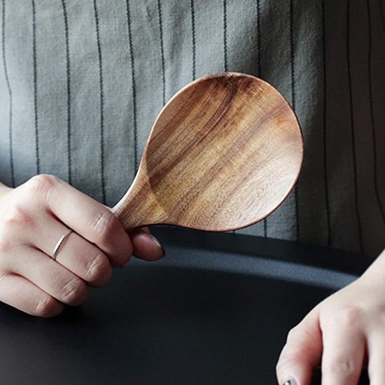 2 Pack Rice Paddle Spoon Natural Wood Non-stick Rice Scooper with Round Shallow Head Food Service Spoon Kitchen Utensils for Rice Potato Salads Desserts, 7 Inch