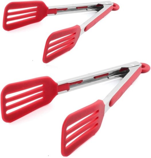 Cooking Tongs 9 inches and 12 inches Stainless Steel Kitchen Silicone Serving Tongs Heat Resistant Meat Turner Spatula Tongs Fish Tongs with Locking Handle Joint (Red)